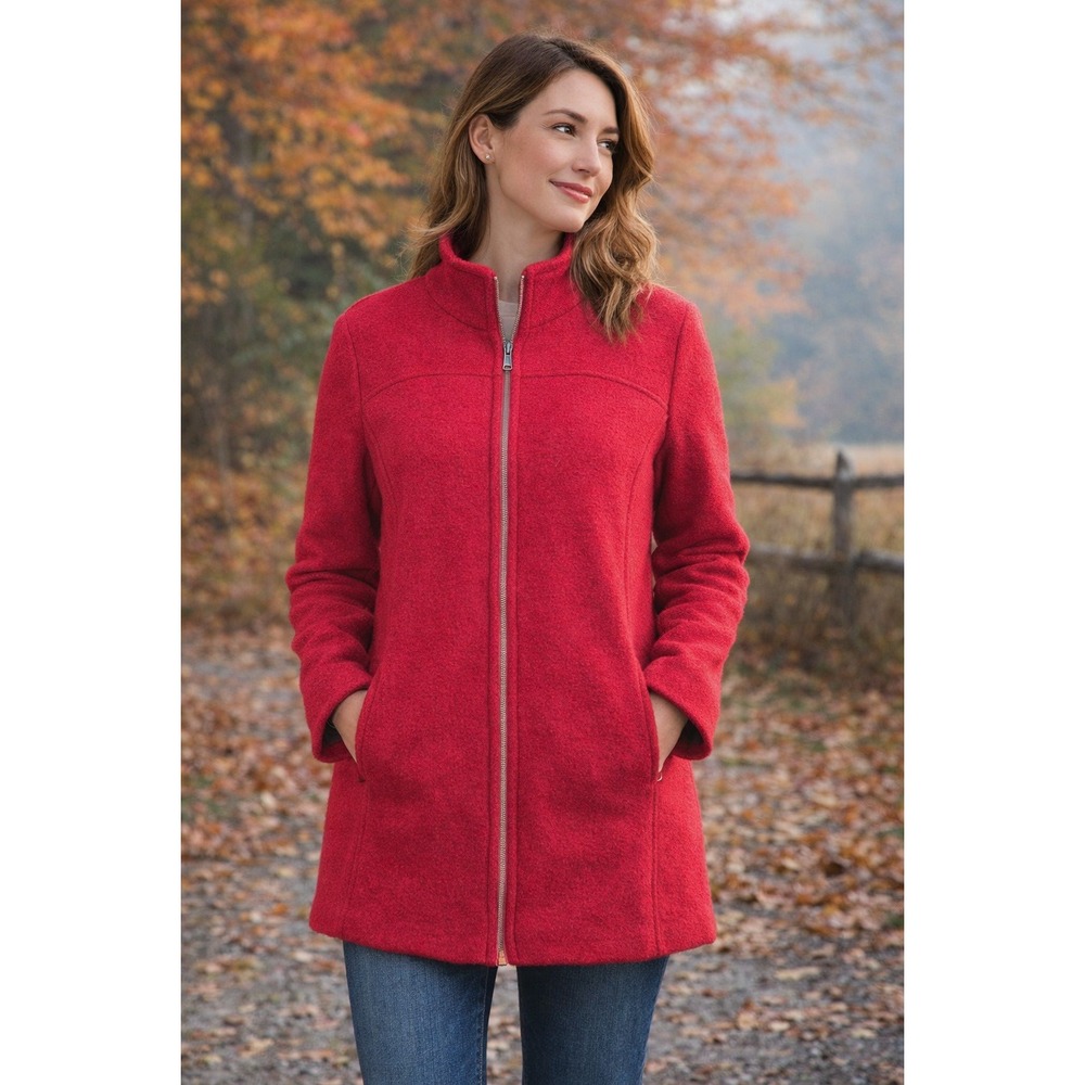 Lands End Boiled Wool Coat Womens 12 Red Zip Jacket Lined Winter